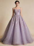 Shiny Ball Gown Light Purple Spaghetti Straps Pleated Tulle Prom Dresses Quinceanera Dress Evening Gala Gown HZ0319