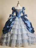 Vintage Ball Gown Blue Square Neck Lace Tiered Prom Dresses Quinceanera Dress Evening Gala Gown HZ0319