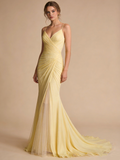 Light Yellow Prom Dress Spaghetti Straps Pleated Tulle Mermaid Gala Dress Birthday Party Outfits Evening Gown HZ0319