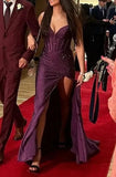 Shiny Prom Dress Dark Purple Slit Party Outfits Spaghetti Straps Evening Gown Gala Dress HZ0319