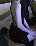 Sexy Prom Dress Black Spaghetti Straps Sequins Backless Gala Gown Evening Dress Birthday Party Outfits HZ0319