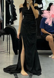 Charming Prom Dress Black Off Shoulder Pleated Gala Gown Party Outfits Evening Dress HZ0319