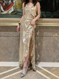 Beauty Prom Dress V-neck Pleated Slit Gala Gown Birthday Party Outfits Evening Dresses HZ0319