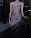 Shiny Prom Dress Light Purple Spaghetti Straps Pleated Slit Gala Gown Shcool Cocktail Outfits Evening Dresses HZ0319