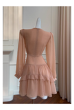 Retro Beading Design A-line Chiffon Long- sleeved V-neck Party Dresses Homecoming Dresses, HZ0319