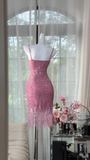 Vintage Pink Sparkling Sequin Spaghetti Strap Tassels Hem Romantic Evening Dress Prom Dresses HZ0319