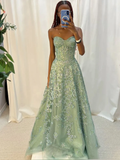 Sage Green Sweetheart A-Line Appliques Long Party Dress Formal Evening Dress, HZ0319