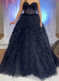 Elegant Prom Dress Black Sweetheart Pleated Tulle Long Gala Gown Evening Dress Party Outfits HZ0319