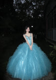 90s Retro Ball Gown Light Blue Sweetheart Ruffle Gala Gown Evening Dress Prom Dress HZ0319