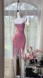 Vintage Pink Sparkling Sequin Spaghetti Strap Tassels Hem Romantic Evening Dress Prom Dresses HZ0319
