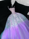 Gorgeous Purple Shiny Sequin Princess Dress Elegant A-Line Floor-length Evening Dress Prom Dresses HZ0319