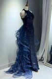 Dark Navy Halter Mermaid Sequins Long Formal Party Dresses Evening Gown, HZ0319