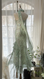 Light Green Spaghetti Straps Mermaid Beaded Fairy Long Evening Party Dresses, HZ0319