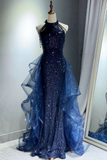 Dark Navy Halter Mermaid Sequins Long Formal Party Dresses Evening Gown, HZ0319