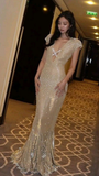 Sexy Champagne Deep V Neck Mermaid Beading Long Evening Party Dress, HZ0319