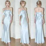 Light Blue Off Shoulder Mermaid Satin Long Party Dress Wedding Guest Dress, HZ0319