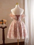 Retro Pink Applique Off-the-shoulder Design A-line Tulle Party Dress Homecoming Dress HZ0319