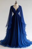 Royal Blue A-Line Chiffon Long Party Dress Evening Gown with Cape Sleeves, HZ0319