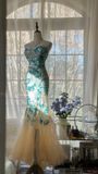 Gorgeous Mermaid Blue-green Sparkling Strapless Elegant Beaded Shinny Chiffon Evening Dress Prom Dress HZ0319
