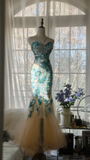 Gorgeous Mermaid Blue-green Sparkling Strapless Elegant Beaded Shinny Chiffon Evening Dress Prom Dress HZ0319