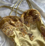 Vintage Golden Sweetheart Applique A-line Spaghetti Strap Evening Dress Prom Dresses, HZ0319