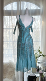 Elegant Blue Sparkling Beaded Spaghetti Strap V-neck Romantic Chiffon Evening Dress Prom Dresses HZ0319