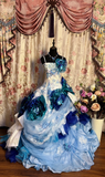 Blue Straps A-Line Floral Printed Retro Long Evening Dress Birthday Ball Gown, HZ0319