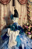 Blue Straps A-Line Floral Printed Retro Long Evening Dress Birthday Ball Gown, HZ0319