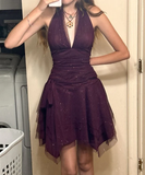 Dusty Purple Halter A-Line Chiffon Short Party Dresses Homecoming Dresses, HZ0319