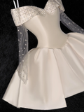 Elegant Ivory Off-the-shoulder Simple Design A-Line Satin Short Homecoming Dress Party Dress HZ0319