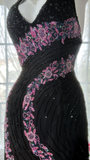 Retro Black V-neck Applique Design Romantic Chiffon Evening Dress Prom Dress HZ0319