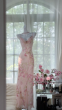 Retro Pink Floral Spaghetti Strap Romantic Chiffon Evening Dress Prom Dresses, HZ0319