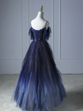 Elegant Green Straps Off Shoulder A-Line Tulle Long Formal Prom Dress, HZ0319