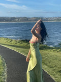 Vintage Green Floral Mermaid Spaghetti Strap Design Satin Prom Dress Evening Dress HZ0319