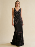 Black V Neck Sheath Beading Vinatge Long party Dress Evening Dresses, HZ0319