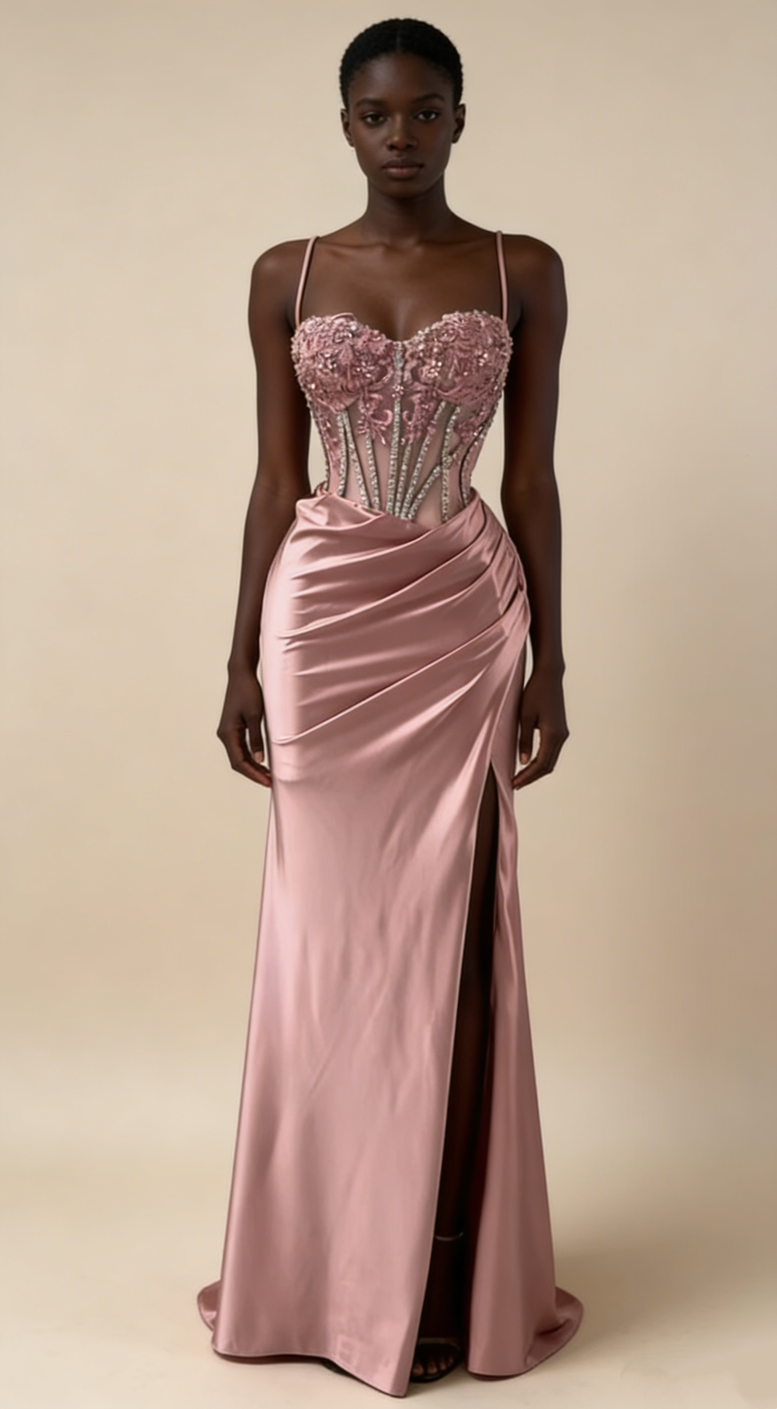 Charming Prom Dress Pink Spaghetti Straps Beaded Satin Long Evening Party Dress Birthday Outfits, HZ0319