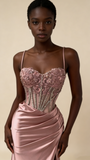 Charming Prom Dress Pink Spaghetti Straps Beaded Satin Long Evening Party Dress Birthday Outfits, HZ0319