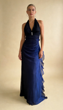 Dark Blue Halter Sheath Chiffon Long Party Dress Vintage Evening Dress, HZ0319