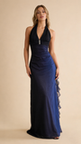 Dark Blue Halter Sheath Chiffon Long Party Dress Vintage Evening Dress, HZ0319