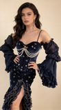 Prom Dress Dark Navy Spaghetti Straps Mermaid Layers Ruffles Sexy Evening Dress Birthday Outfits, HZ0319