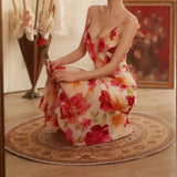 Vintage Floral A-line V-neck Spaghetti Strap Evening Dress Prom Dresses, HZ0319