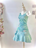 Fashion Mint Green Sparkling Sequin Spaghetti Strap Ruffled Hem Short 16th Birthday Party Dress Homecoming Dress HZ0319