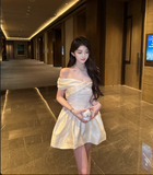 Elegant One Shoulder Lace Satin A-line Dress Mini Birthday Outfit HZ0319