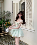 Pretty Lace Square Neckline Floral Fold Tiered Short Prom Dress Birthday Party Dress with Bowknot HZ0319
