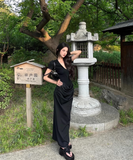 Elegant V-Neckline Sheath Short Sleeves Pleated Ankle Length Dress Party Dress Women Dress Summer Dress HZ0319