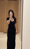 Elegant V-Neckline Sheath Short Sleeves Pleated Ankle Length Dress Party Dress Women Dress Summer Dress HZ0319