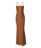 Sexy Spaghetti Straps Sheath Backless Dress Lace-up Waist Floor Length Women Dress Summer Dress HZ0319