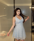 Pretty A Line Halter Lace-up Printing Tiered Summer Seaside Dress Party Dress Women Dress HZ0319