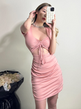 Sweet Short Sleeve V-Neck Lace-up Fold Short Skirt Summer Dress Party Dress Women Dress HZ0319