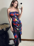 Sexy Strapless Priting Tassel Halter Long Skirt Party Dress Summer Dress Women Dress HZ0319